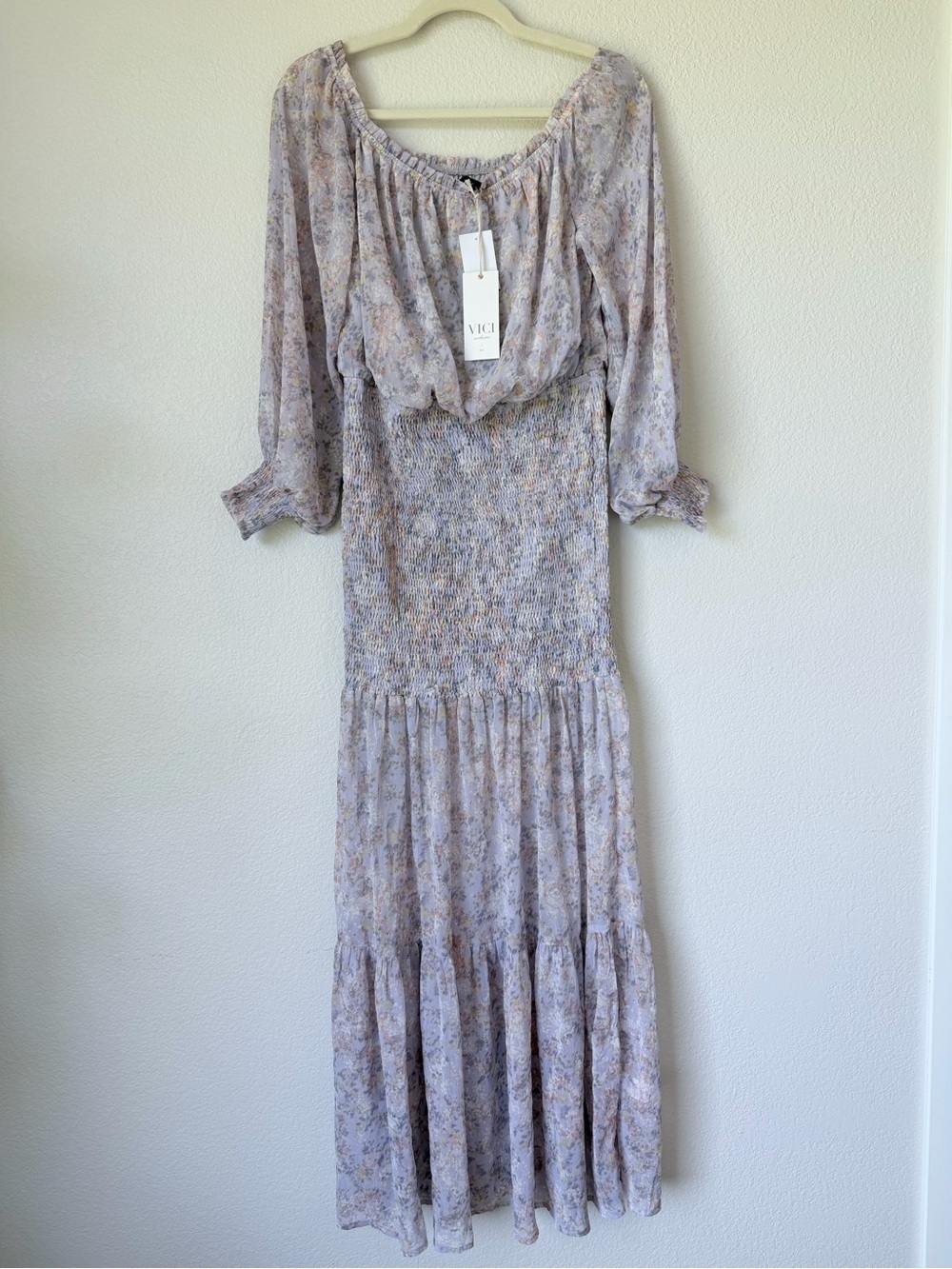VICI Lavender Floral Smocked Maxi Dress NWT Off Shoulder Cottagecore M